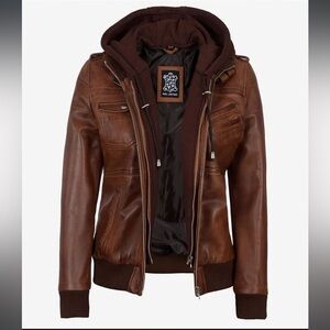 Women’s Brown Lambskin Leather Hooded Bomber Jacket